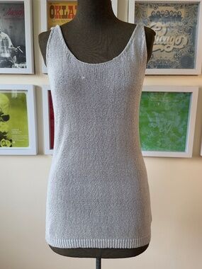 Vintage Y2K Silver Metallic Knit Mini Dress | Minimalist Shimmer Throwover